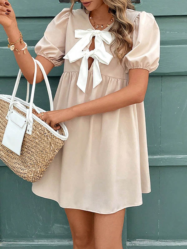 A-Line Loose Bowknot Elasticity Pleated Round-Neck Mini Dresses - Image 3