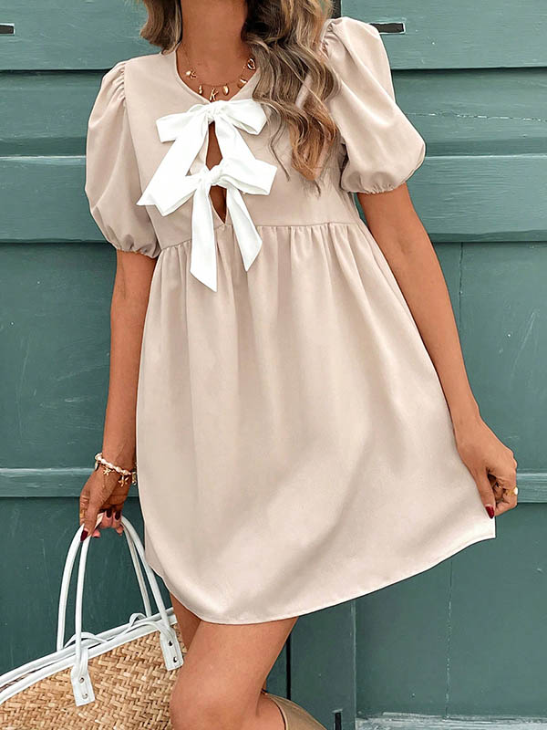 A-Line Loose Bowknot Elasticity Pleated Round-Neck Mini Dresses - Image 4