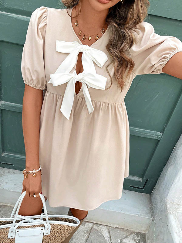 A-Line Loose Bowknot Elasticity Pleated Round-Neck Mini Dresses - Image 5