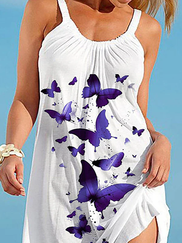 A-Line Loose Butterfly Print Pleated Spaghetti-Neck Mini Dresses - Image 2
