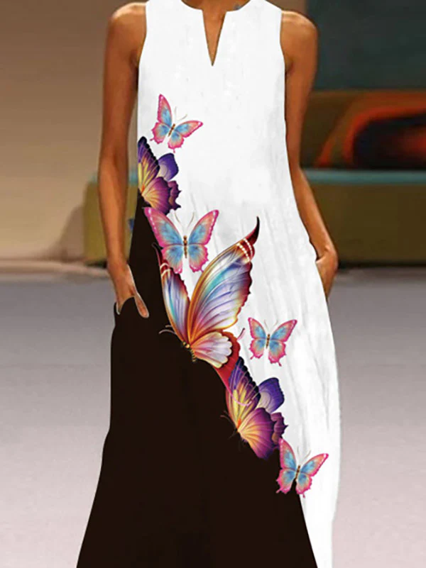 A-Line Loose Butterfly Print Round-Neck Maxi Dresses - Image 2