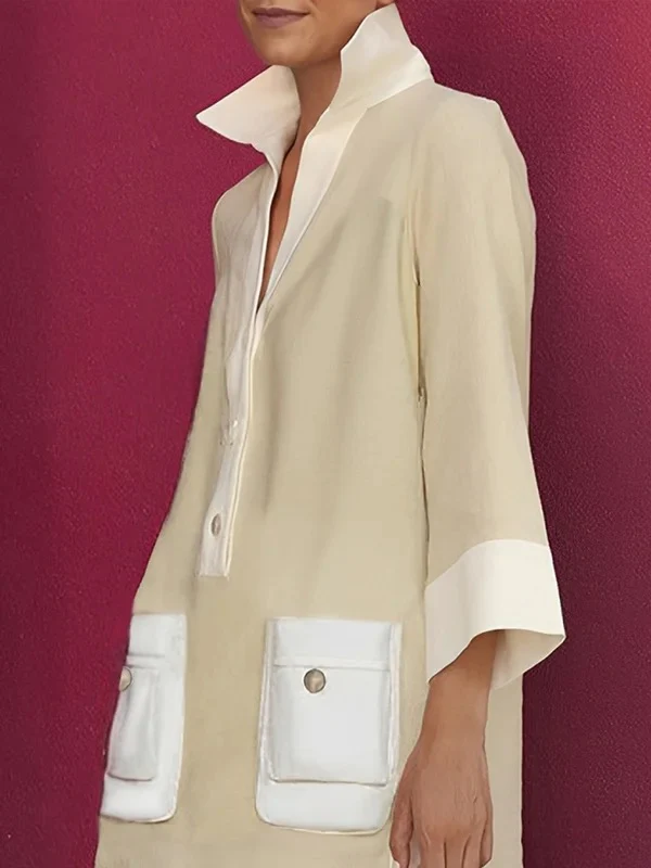 A-Line Loose Buttoned Contrast Color Pockets Stand Collar Mini Dresses - Image 2