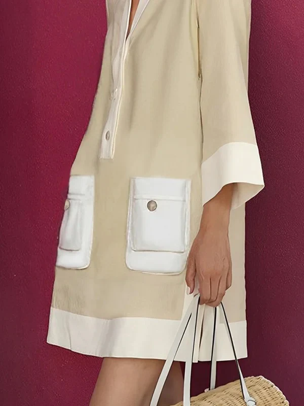 A-Line Loose Buttoned Contrast Color Pockets Stand Collar Mini Dresses - Image 3