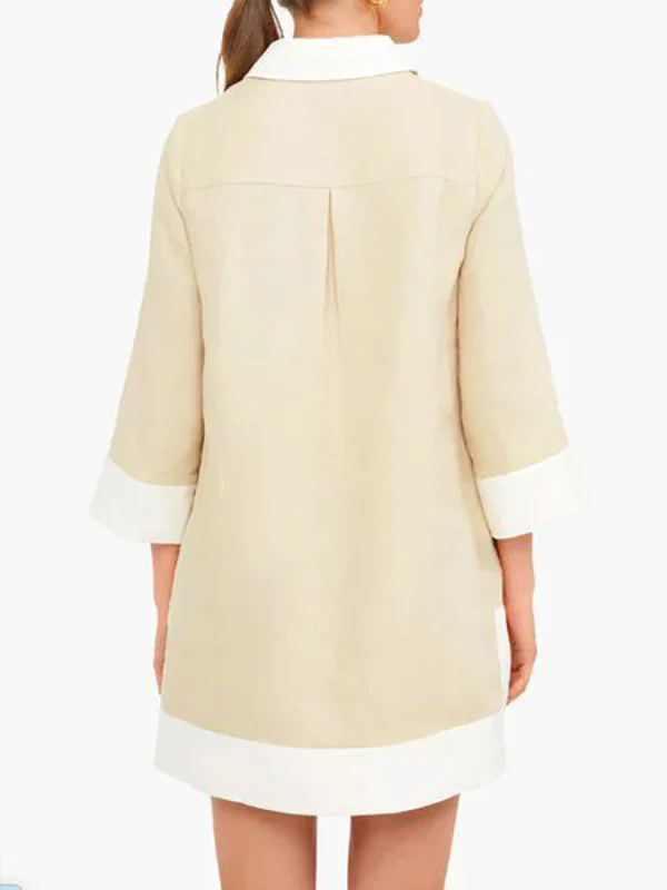 A-Line Loose Buttoned Contrast Color Pockets Stand Collar Mini Dresses - Image 4