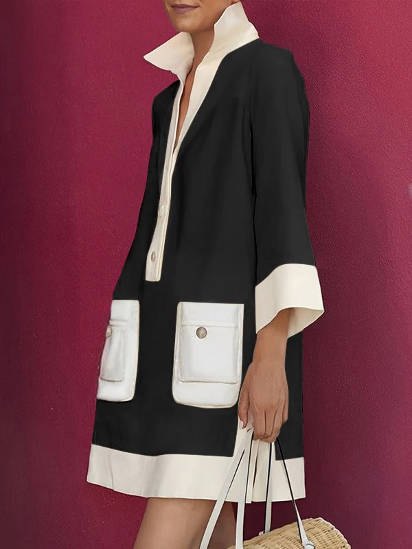 A-Line Loose Buttoned Contrast Color Pockets Stand Collar Mini Dresses - Image 5
