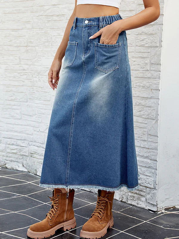 A-Line Loose Buttoned Elasticity Fringed Pockets Split-Joint Skirts Bottoms - Image 2
