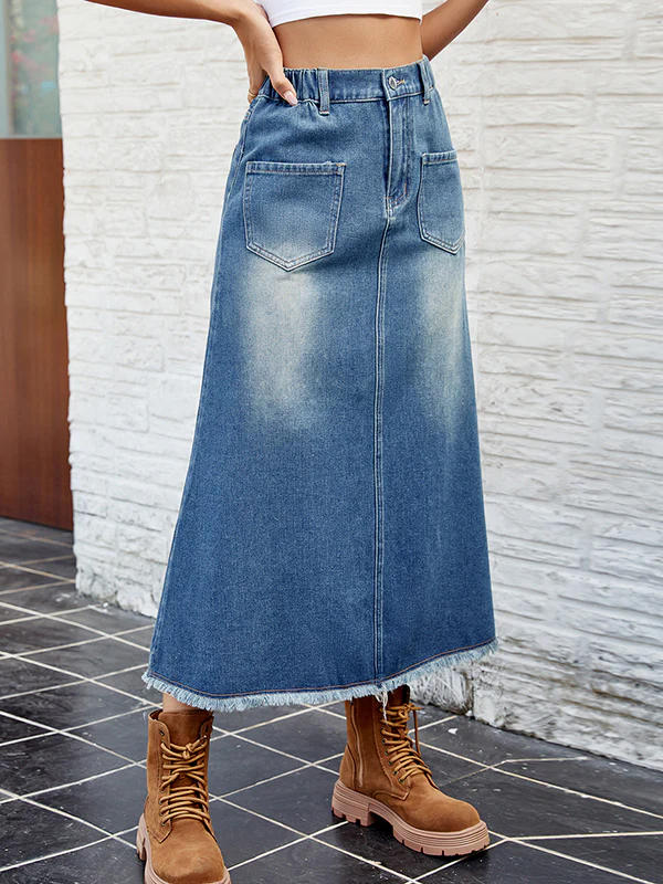 A-Line Loose Buttoned Elasticity Fringed Pockets Split-Joint Skirts Bottoms - Image 3