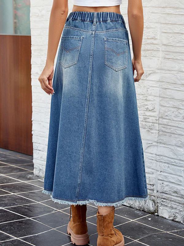 A-Line Loose Buttoned Elasticity Fringed Pockets Split-Joint Skirts Bottoms - Image 4