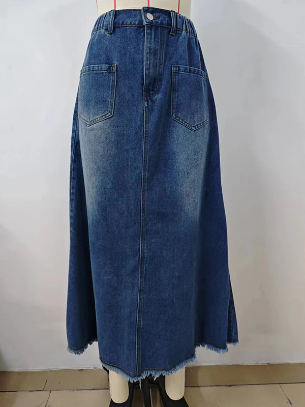 A-Line Loose Buttoned Elasticity Fringed Pockets Split-Joint Skirts Bottoms - Image 6