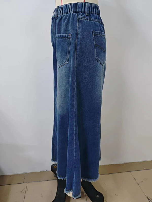 A-Line Loose Buttoned Elasticity Fringed Pockets Split-Joint Skirts Bottoms - Image 7