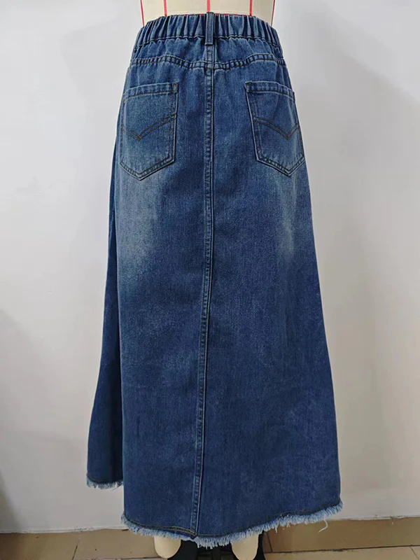 A-Line Loose Buttoned Elasticity Fringed Pockets Split-Joint Skirts Bottoms - Image 8