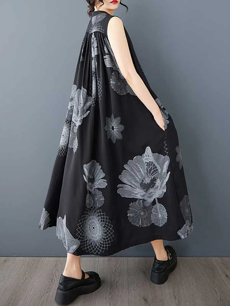 A-Line Loose Buttoned Flower Print Pleated Pockets Round-Neck Midi Dresses - Image 2