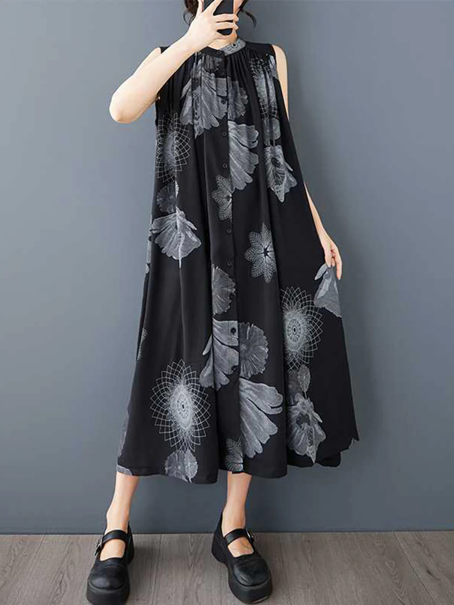 A-Line Loose Buttoned Flower Print Pleated Pockets Round-Neck Midi Dresses - Image 3