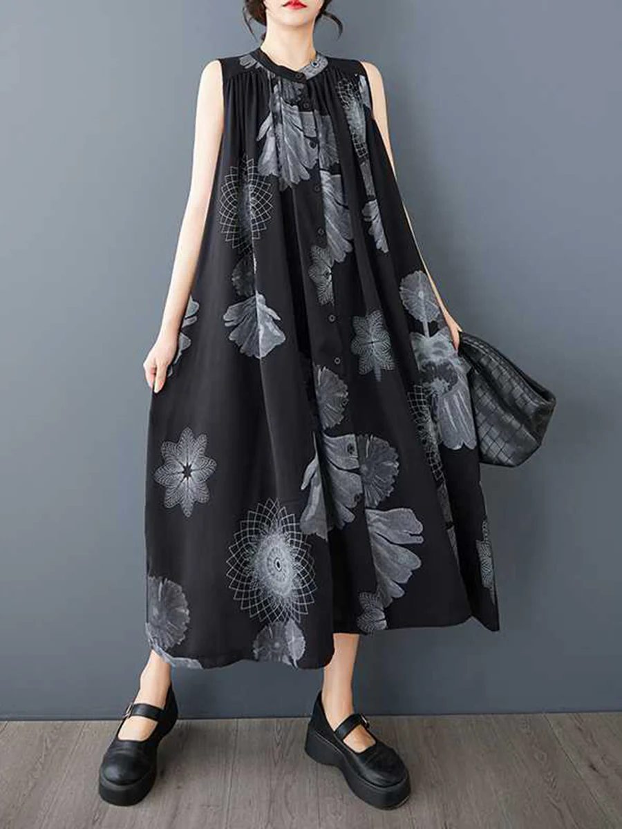A-Line Loose Buttoned Flower Print Pleated Pockets Round-Neck Midi Dresses - Image 4