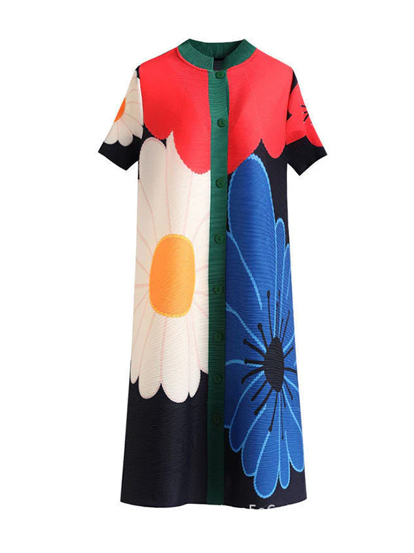 A-Line Loose Buttoned Flower Print Pleated Round-Neck Midi Dresses - Image 10