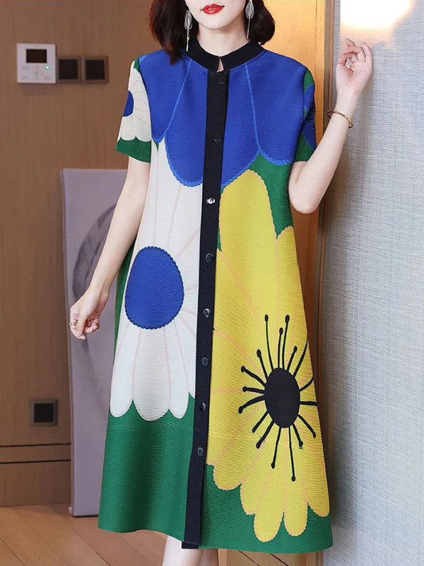 A-Line Loose Buttoned Flower Print Pleated Round-Neck Midi Dresses - Image 2