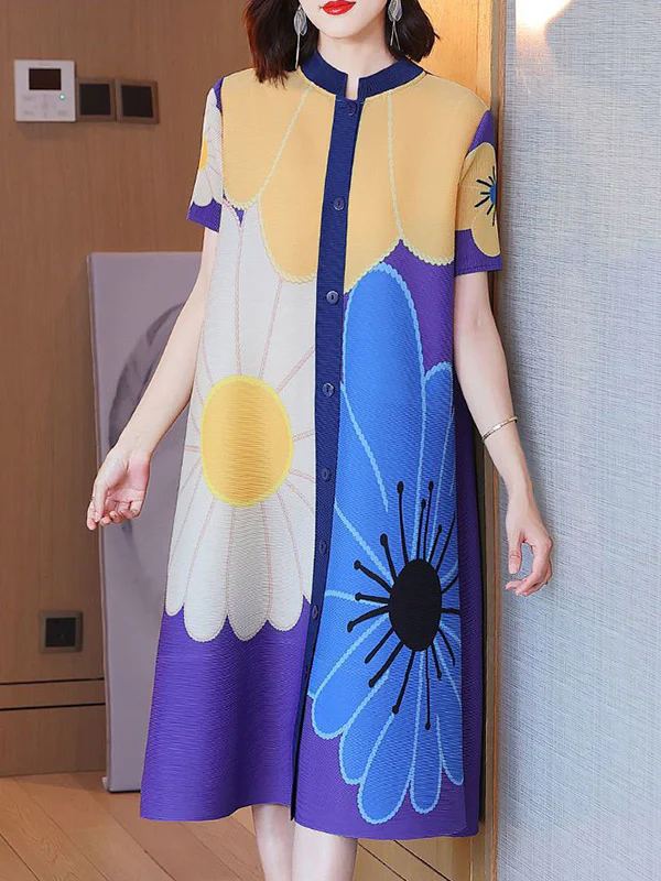 A-Line Loose Buttoned Flower Print Pleated Round-Neck Midi Dresses - Image 3