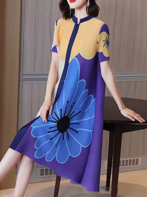 A-Line Loose Buttoned Flower Print Pleated Round-Neck Midi Dresses - Image 5