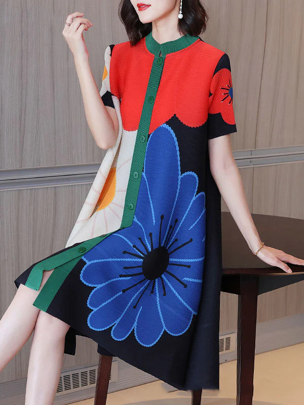 A-Line Loose Buttoned Flower Print Pleated Round-Neck Midi Dresses - Image 6