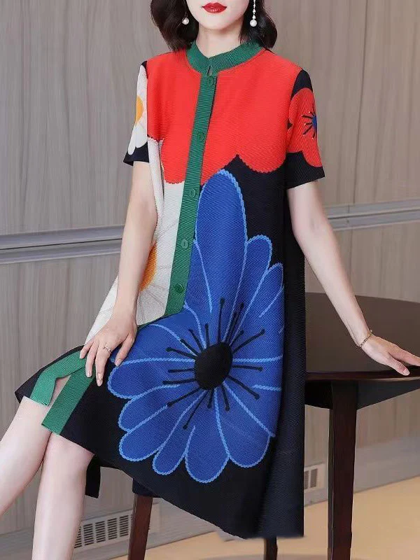 A-Line Loose Buttoned Flower Print Pleated Round-Neck Midi Dresses - Image 7