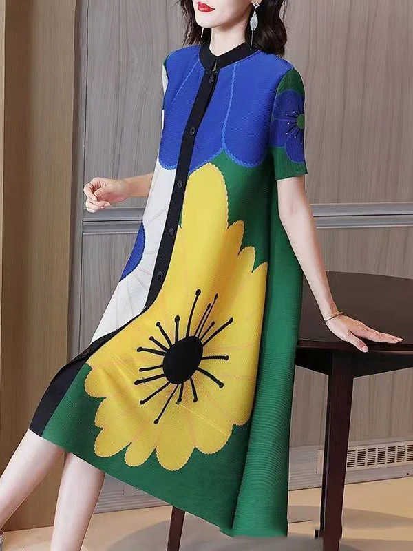A-Line Loose Buttoned Flower Print Pleated Round-Neck Midi Dresses - Image 8