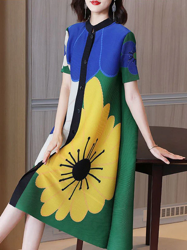 A-Line Loose Buttoned Flower Print Pleated Round-Neck Midi Dresses - Image 9