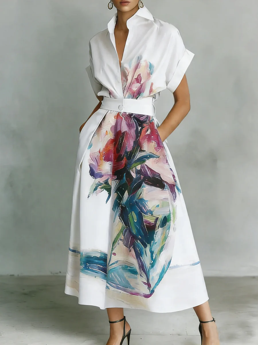 A-Line Loose Buttoned Flower Print Pockets Lapel Maxi Dresses