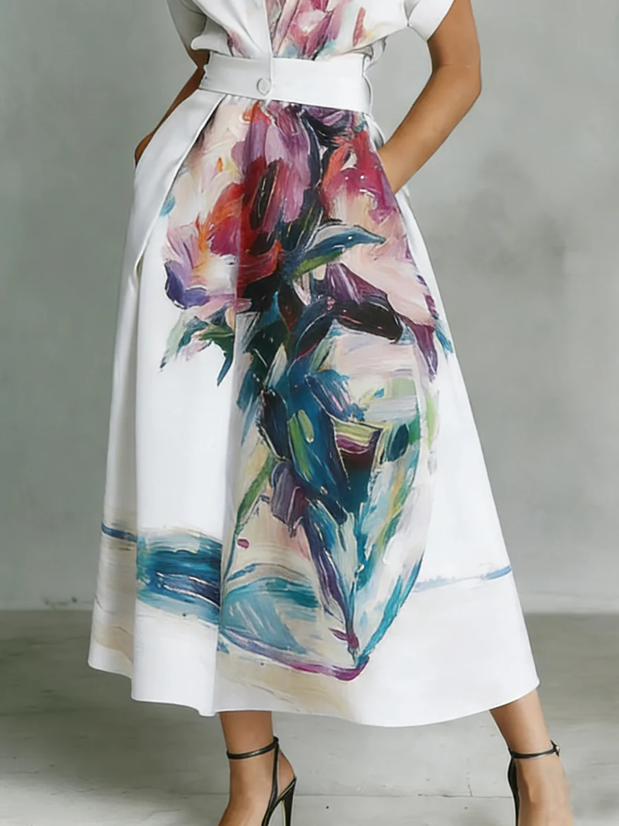 A-Line Loose Buttoned Flower Print Pockets Lapel Maxi Dresses - Image 3