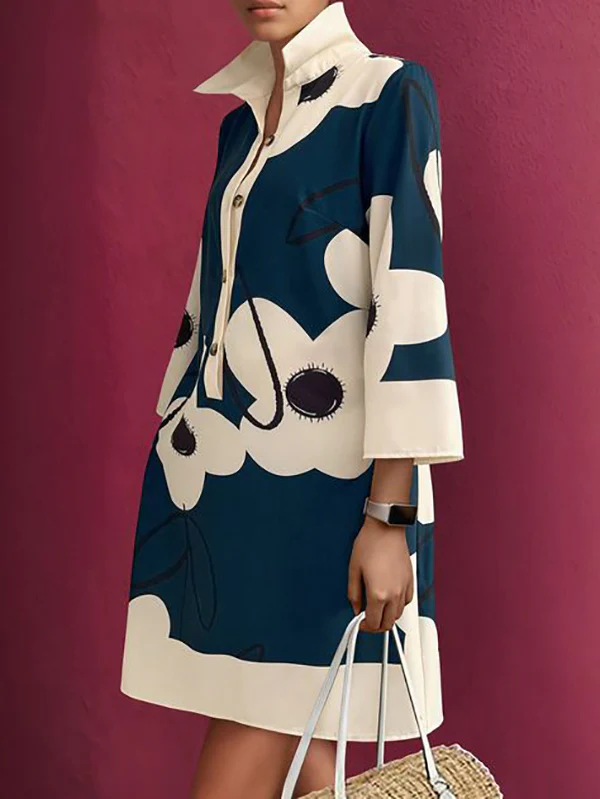 A-Line Loose Buttoned Flower Print Stand Collar Mini Dresses