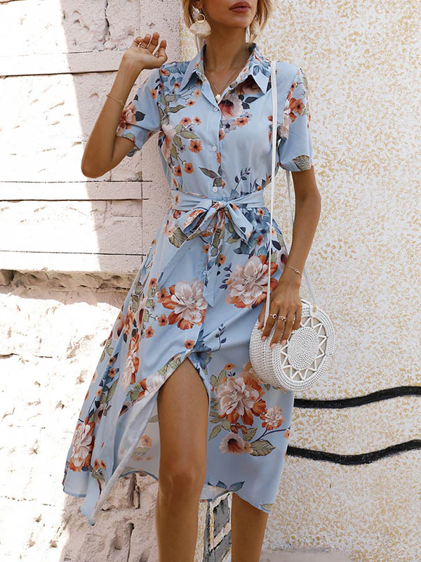 A-Line Loose Buttoned Flower Print Tied Waist Lapel Midi Dresses - Image 11