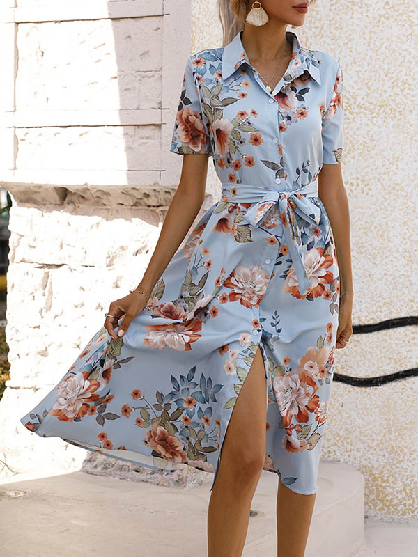 A-Line Loose Buttoned Flower Print Tied Waist Lapel Midi Dresses - Image 12