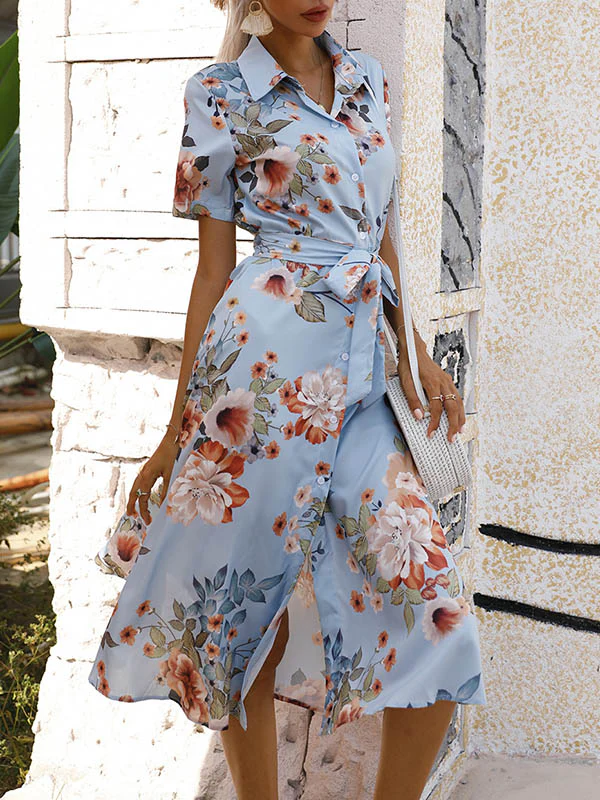 A-Line Loose Buttoned Flower Print Tied Waist Lapel Midi Dresses - Image 13