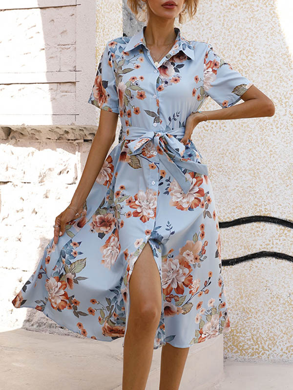 A-Line Loose Buttoned Flower Print Tied Waist Lapel Midi Dresses - Image 2