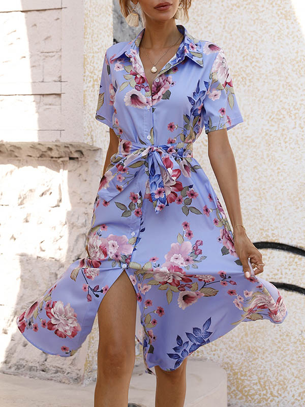 A-Line Loose Buttoned Flower Print Tied Waist Lapel Midi Dresses - Image 3