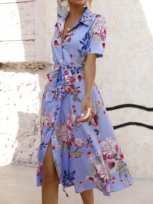 A-Line Loose Buttoned Flower Print Tied Waist Lapel Midi Dresses - Image 4
