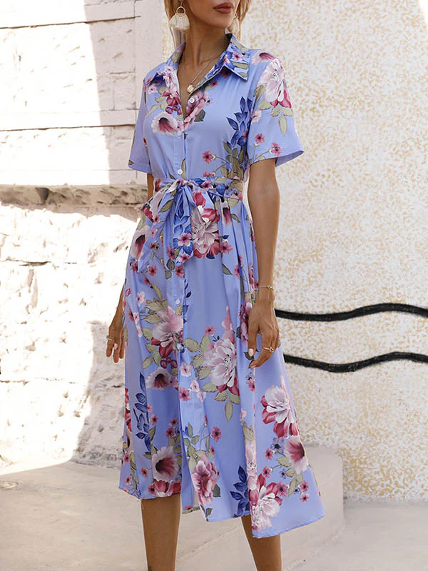A-Line Loose Buttoned Flower Print Tied Waist Lapel Midi Dresses - Image 5