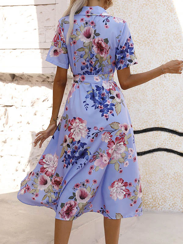 A-Line Loose Buttoned Flower Print Tied Waist Lapel Midi Dresses - Image 6