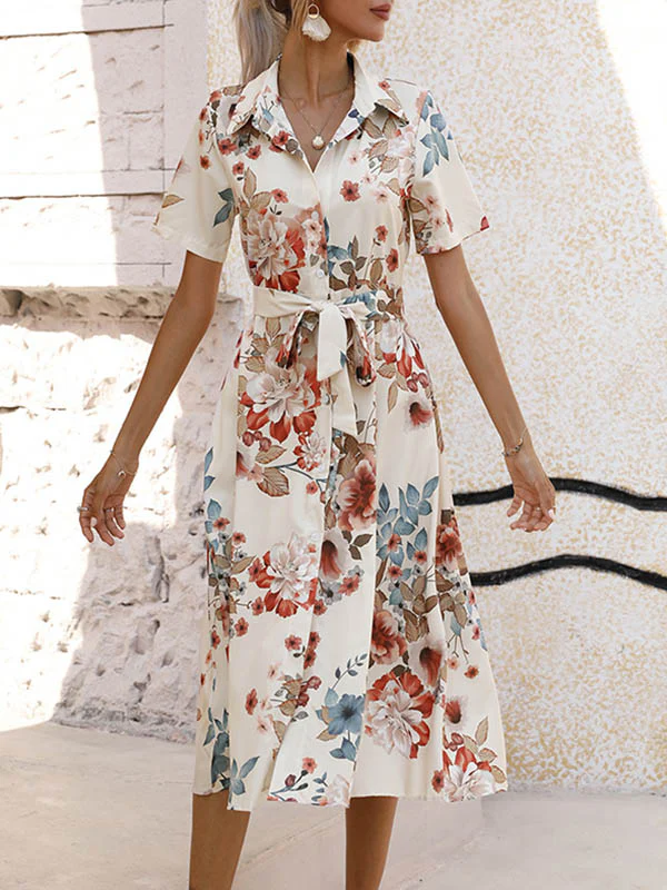A-Line Loose Buttoned Flower Print Tied Waist Lapel Midi Dresses - Image 7
