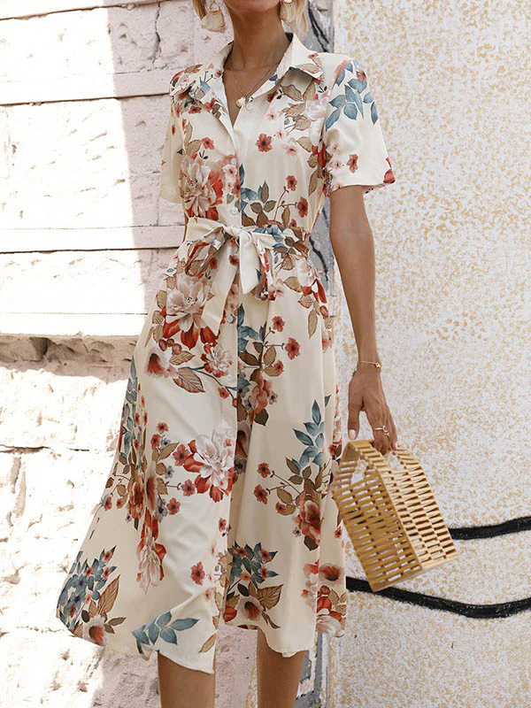 A-Line Loose Buttoned Flower Print Tied Waist Lapel Midi Dresses - Image 9