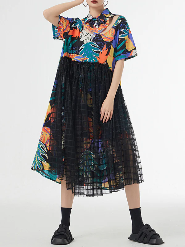 A-Line Loose Buttoned Hollow Mesh Printed Split-Joint Lapel Midi Dresses - Image 2