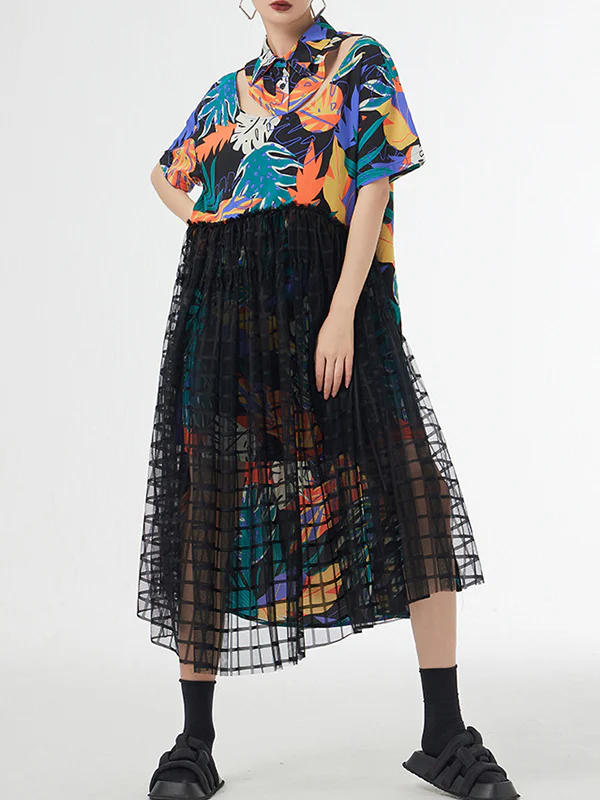 A-Line Loose Buttoned Hollow Mesh Printed Split-Joint Lapel Midi Dresses - Image 3