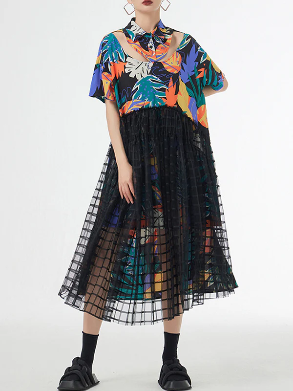 A-Line Loose Buttoned Hollow Mesh Printed Split-Joint Lapel Midi Dresses - Image 4