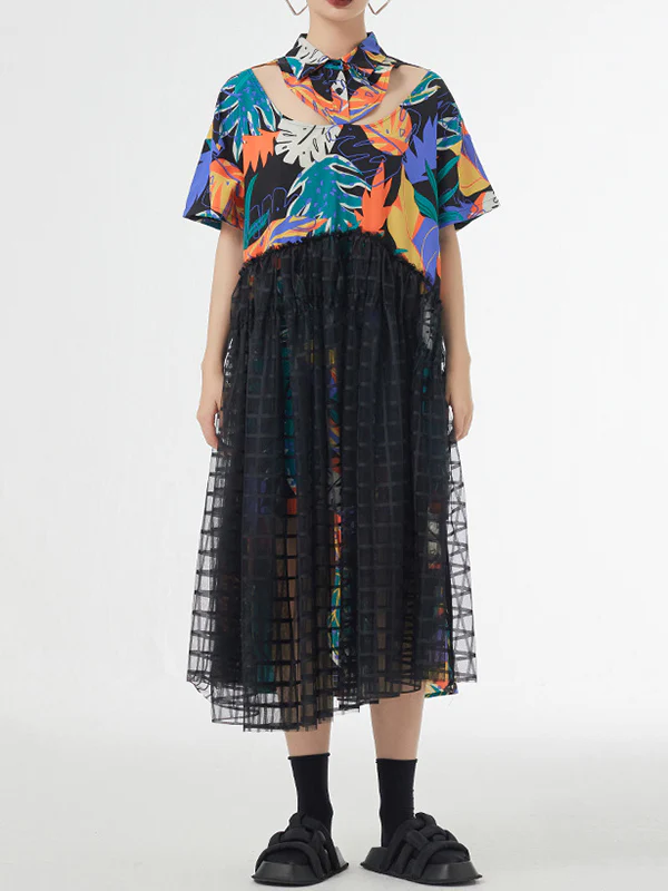 A-Line Loose Buttoned Hollow Mesh Printed Split-Joint Lapel Midi Dresses - Image 5