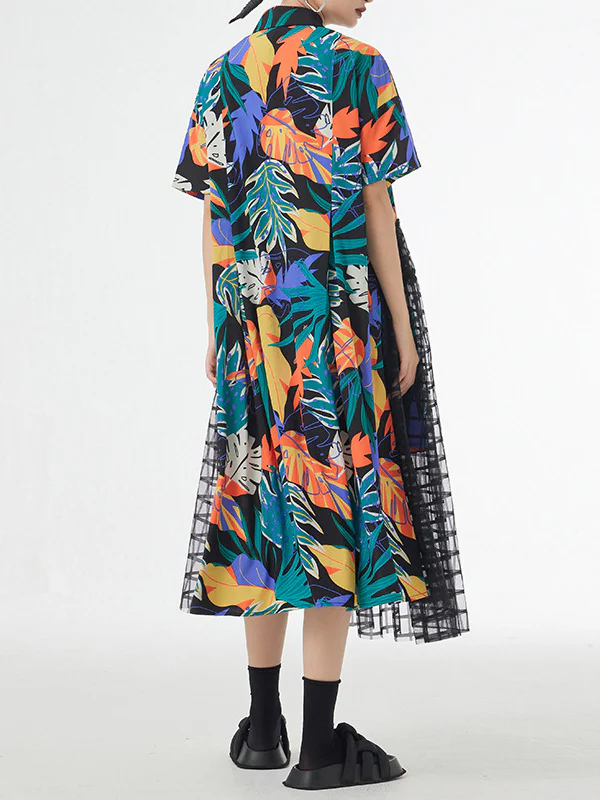 A-Line Loose Buttoned Hollow Mesh Printed Split-Joint Lapel Midi Dresses - Image 6