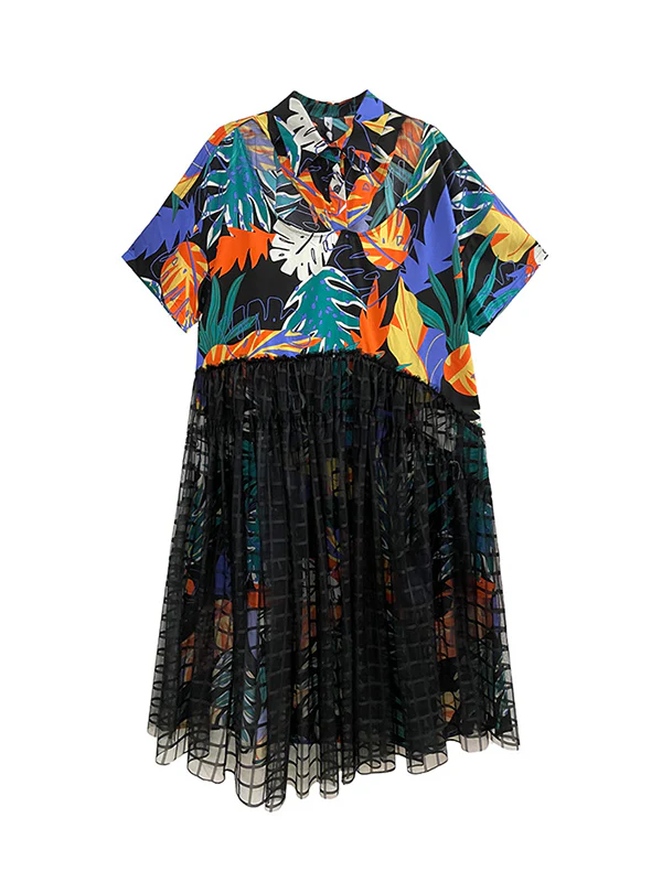 A-Line Loose Buttoned Hollow Mesh Printed Split-Joint Lapel Midi Dresses - Image 7