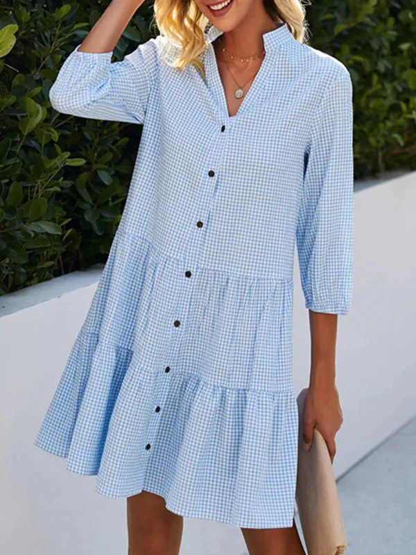 A-Line Loose Buttoned Plaid Split-Joint Stand Collar Mini Dresses Shirt Dress - Image 2