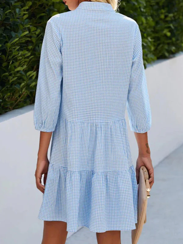A-Line Loose Buttoned Plaid Split-Joint Stand Collar Mini Dresses Shirt Dress - Image 3