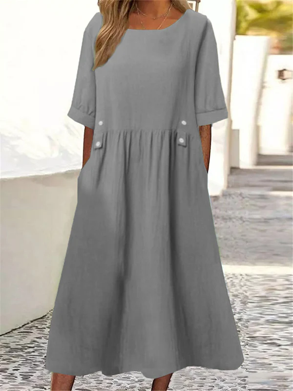 A-Line Loose Buttoned Pleated Pockets Round-Neck Midi Dresses - Image 2