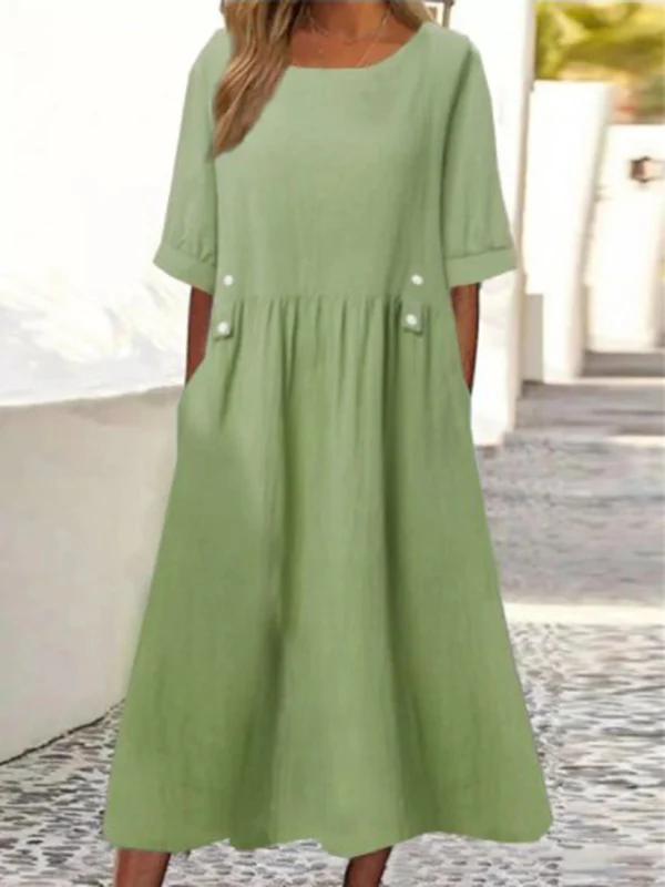 A-Line Loose Buttoned Pleated Pockets Round-Neck Midi Dresses - Image 3
