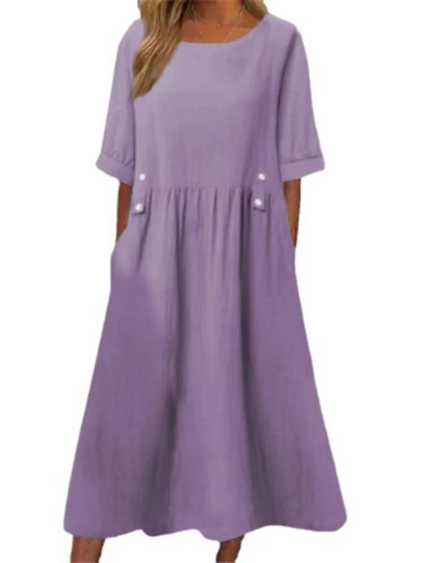A-Line Loose Buttoned Pleated Pockets Round-Neck Midi Dresses - Image 4